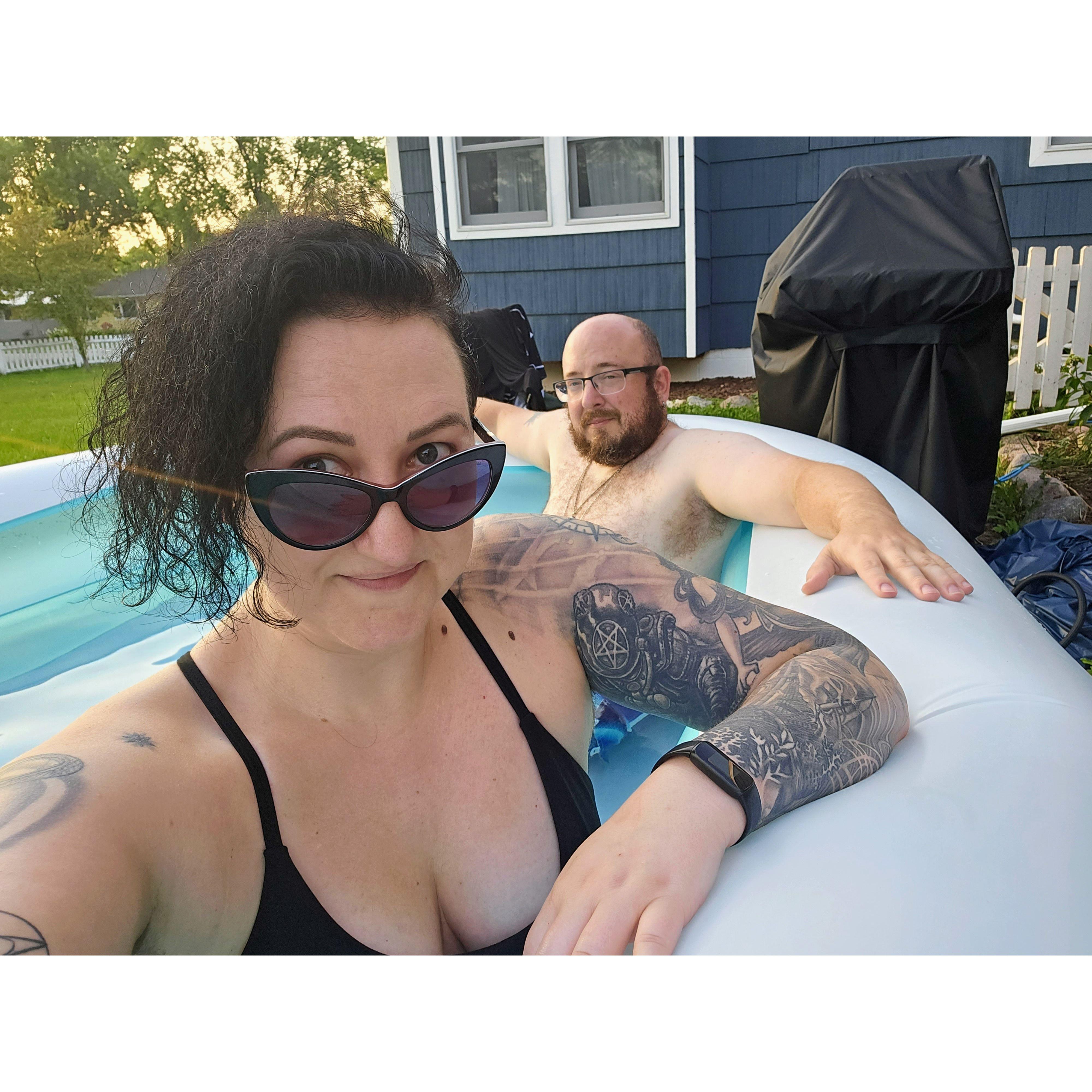 To Lauren's shock, Wisconsin summers are darn hot! Josh helped set up a fantastic soaking pool to help his favorite beach babe adjust to being landlocked.