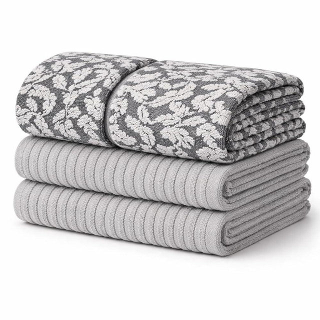 MosJos Kitchen Towels, Cotton Hand Towels, Grey and White Vine Ribbed Hand Drying Cloth Set of 4 Absorbent Hand Towels, 18 x 28 Kitchen Linens