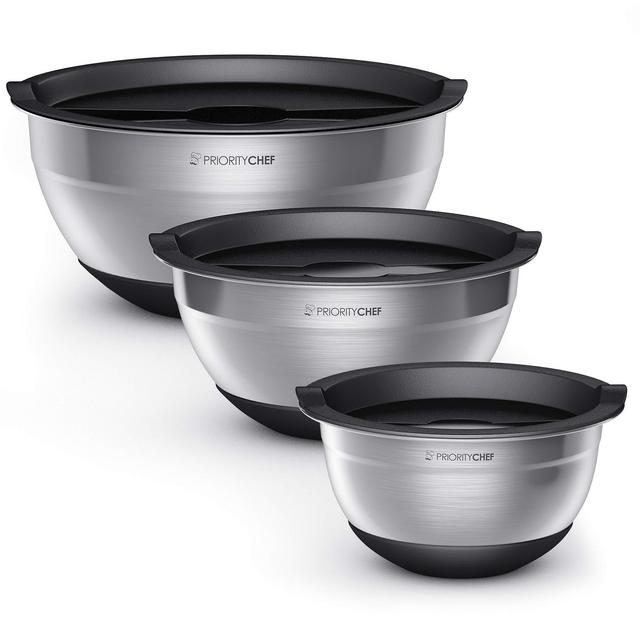 PriorityChef Stainless Steel Mixing Bowls With Lids Set of 3, Multipurpose Metal Bowl Set, Stackable Space Saving Design with Non Slip Silicone Base and Lids, 1.7/3/4.7 Qrt