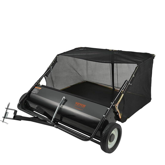 VEVOR Tow Behind Lawn Sweeper, 44 in Pull Behind Lawn Sweeper, 25 cu. ft Large Capacity Leaf & Grass Collector, Heavy Duty Garden Sweeper with Adjustable Sweeping Height for Yard, Lawn, Farm