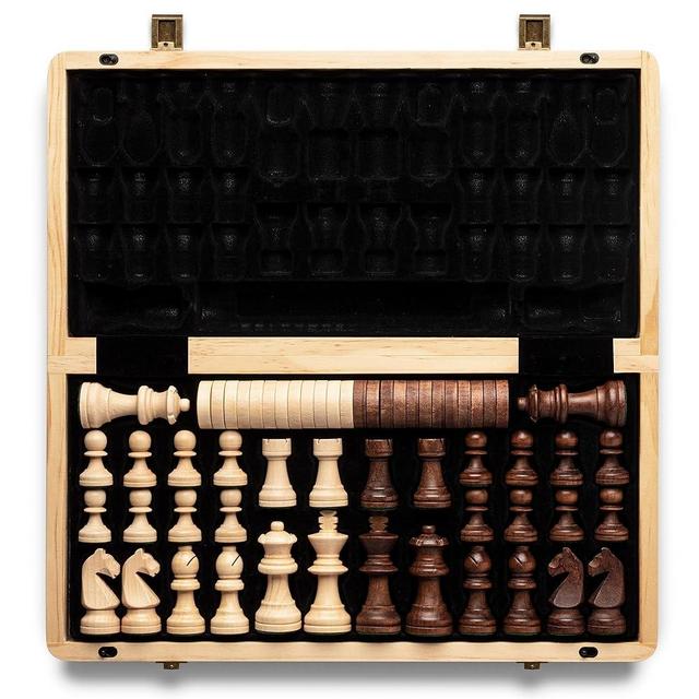 A&A 15 inch Wooden Folding Chess & Checkers Set w/ 3 inch King Height Staunton Chess Pieces / 2 Extra Queens / 2 in 1 Board Game…
