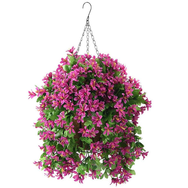 INQCMY Artificial Hanging Flowers in Basket for Summer Outdoor Porch Decoration,UV Resistant Fake Silk Violet in Planter Realistic for Outside Home Patio Balcony Garden Yard Decor