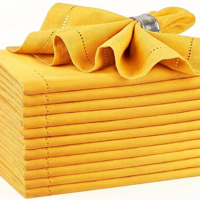 Palisa Mustard Cotton Napkins Set of 12 | Premium Hemstitch Detailing Cloth Dinner Napkins 18x18 Inch | Soft Washable & Reusable Table Napkins for Everyday Use Weddings Parties Restaurants & Hotels