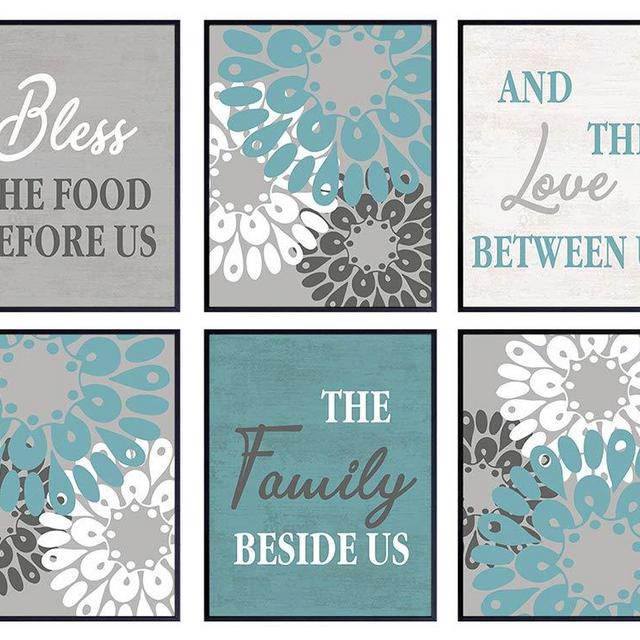 Dining Room, Kitchen Decor - Bless the Food Before Us Sign - Teal Blue Wall Art Set - Vintage Style Home Decor - Gift for Cooks and Chefs - Great Engagement, Anniversary or Birthday Gift for Women