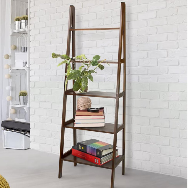 Casual Home 100% Solid Wood 5-Shelf Ladder Bookcase, 24.75"W x 16"D x 72"H, Warm Brown, 5-Tier Freestanding Ladder Shelf