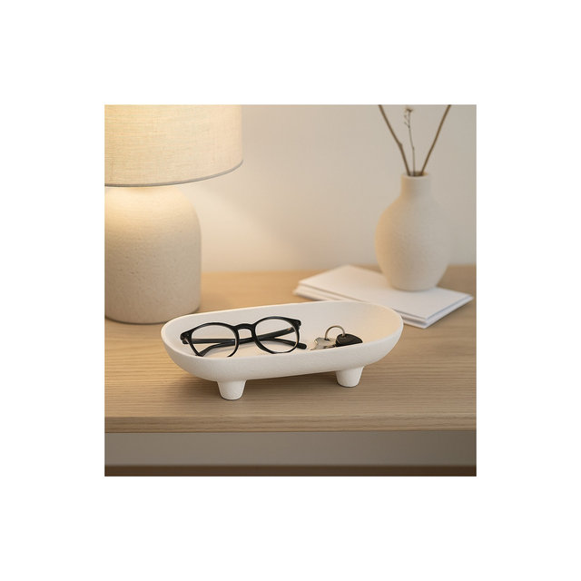 Decorative Ceramic Rounded Rectangle Bowl for Coffee Table - Minimalist Centerpiece Table Decoration or Kitchen Counter - 3.5", White