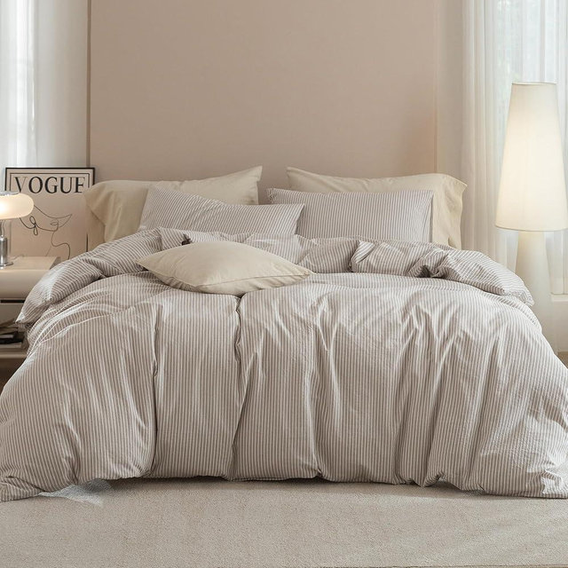 JIYUAN 100% Washed Cotton Pinstripe Duvet Cover Set King Size 104"x90", Linen-Like Soft Breathable Durable Bedding Set with Zipper Closure, All Season, Taupe/White