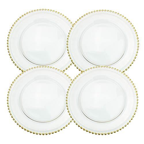 Clear Glass Charger 12.6 Inch Dinner Plate with Beaded Rim - Set of 4 - Gold