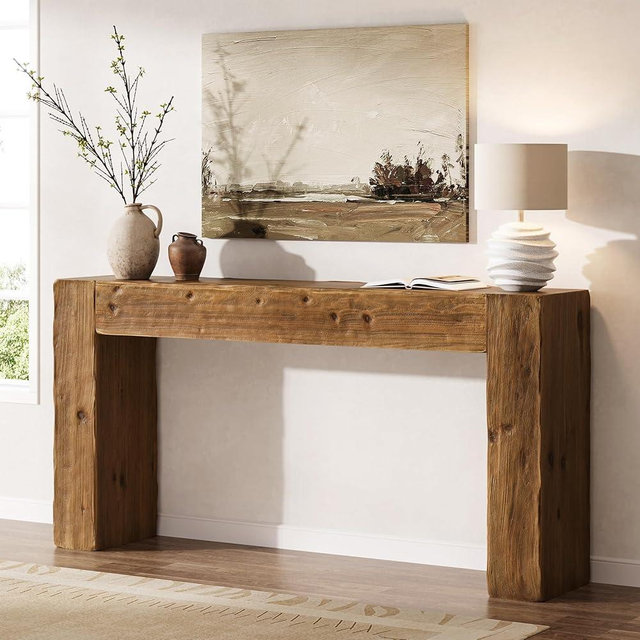 TRIBEWOOD Solid Wood Console Table, 63-Inch Farmhouse Sofa Table Behind Couch for Entryway, Living Room, Foyer, Easy Assembly (Rustic Brown)
