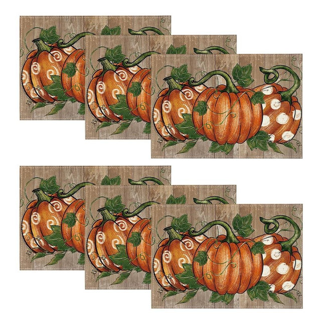 Artoid Mode Wood Polka Dot Pumpkins Fall Placemats Set of 6, 12x18 Inch Seasonal Table Mats for Table Runner Party Kitchen Dining Decoration