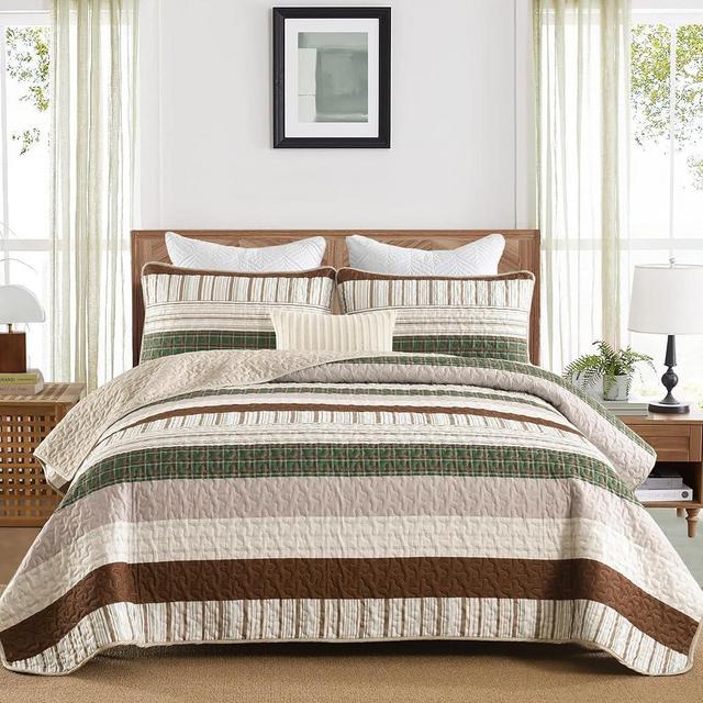 DJY Striped Quilt Set Queen Size, Boho Brown Green Striped Bedspread Coverlet Set Soft Microfiber Patchwork Quilt Bedding Set 3 Pieces for All Season(96"x90")