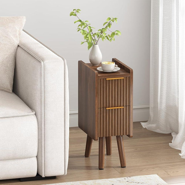 ELYKEN Narrow Side Table, Fluted Nightstand with Drawers, Wooden Small End Table for Small Spaces, Modern Skinny Bedside Table, Slim Nightstand for Bedroom, Walnut