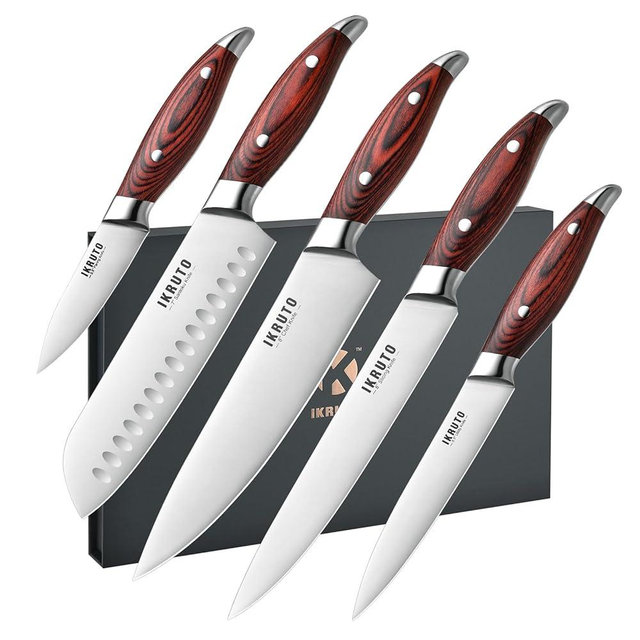 IKRUTO 5-Piece kitchen knife set - Ultra-Sharp High Carbon Stainless Steel Blades with Ergonomic Pakkawood Handles, Professional Kitchen Knives Sets, Elegant Gift Box Packaging