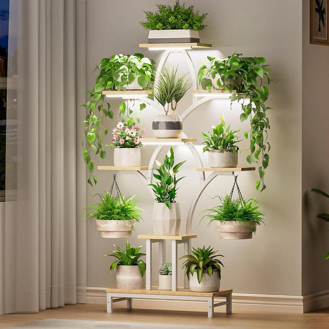 NEHAJUNXI Plant Stand Indoor with 4 Grow Lights - 63" Tall Plant Shelf- 8 Tiered Corner Plant Flower Stands Display Shelves for Home, Patio (White)
