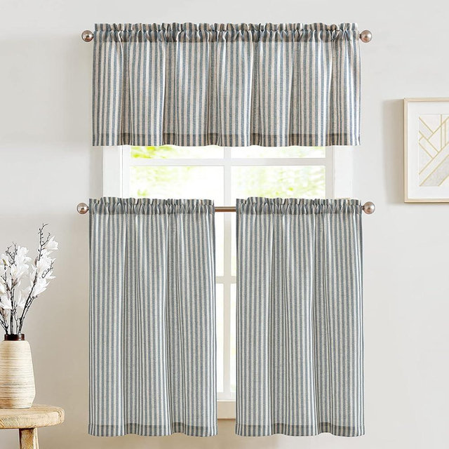 jinchan Striped Kitchen Curtains and Valance Set 36 Inch Tier Curtains Ticking Stripe Linen Small Drapes Pinstripe for Cafe Living Room Bathroom Farmhouse 3 Pieces Set Rod Pocket Blue