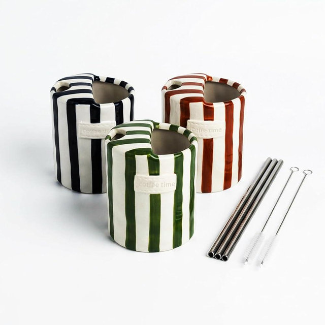 ENIPEDITA 3 Pack Retro Striped Ceramic Coffee Mug, Art Hand Painted Double Enjoy Cup, 10oz Espresso Mugs, With 3 Straws 2 Cup Brushes, Black, Green, Brown, for Coffee Latte Milk Tea Warm Cool Drinks