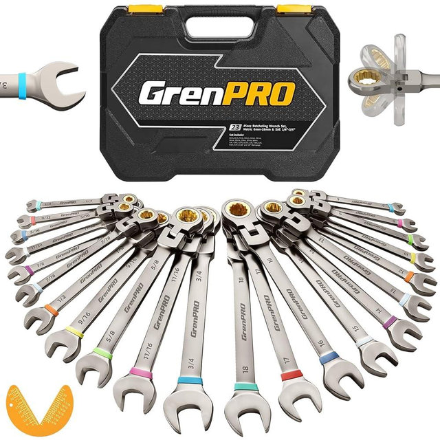 GRENPRO 23PCS Flex-Head Ratcheting Wrench Set, Combination Ratchet Wrenches Set Metric and Standard & SAE with Organizer Box, 6-18mm & 1/4" to 3/4" with Color Ring, Nickel Plating Socket Mechanic Tool
