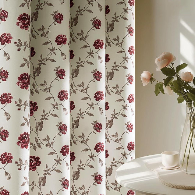 Beauoop Floral 100% Blackout Curtains 63 Inches Long 2 Panels for Bedroom Living Room Red Brown Vintage Rose Flower Patterned Room Darkening Thermal Soundproof Grommet Window Treatments Drapes, 52X63