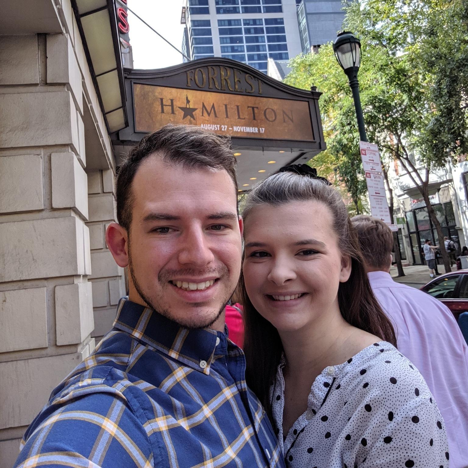 Waiting to see Hamilton on the night we got engaged. Kim had no idea what was coming!