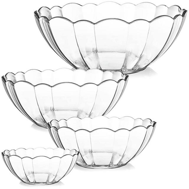 DEAYOU 4 Pack Clear Serving Bowls, Acrylic Salad Mixing Bowls, Party Snack or Chip Bowl, Break-Resistant Disposable Catering Bowls Punch Bowl for Entertaining, Fruit, Vegies, 4 Sizes, Flower-Shape