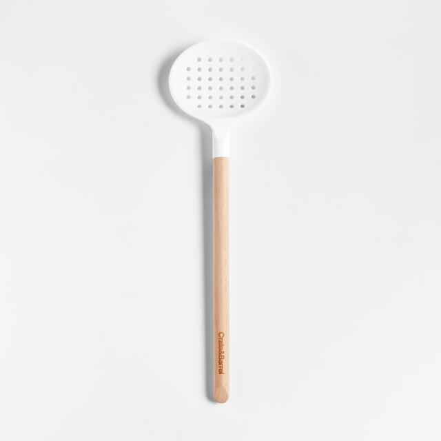 Crate & Barrel White Silicone and Wood Slotted Spoon