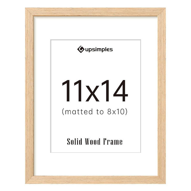 upsimples 11x14 Picture Frame, Natural Solid Wooden Picture Frames, Display 8x10 with Mat or 11 x 14 Without, Vertical or Horizontal Wall Hanging, 1 Pack, Natural