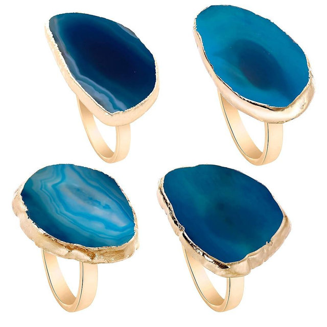 Gold Napkin Rings Set of 4 Natural Agate Slice Christmas Napkin Ring Dinner Table Decor for Parties Wedding Holidays Thanksgiving Home Decor (Blue)