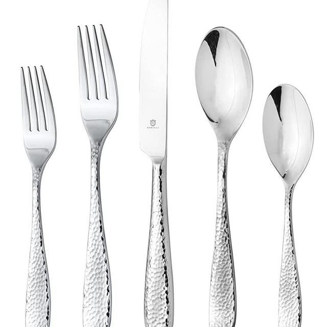 DANIALLI 45 Piece Silverware Set For 8, Includes 5-Piece Hostess Serving Utensil Set, 18 10 Stainless Steel Silverware Set, Modern Fidenza Hammered Flatware Set,Mirror-Polished Dishwasher Safe Cutlery