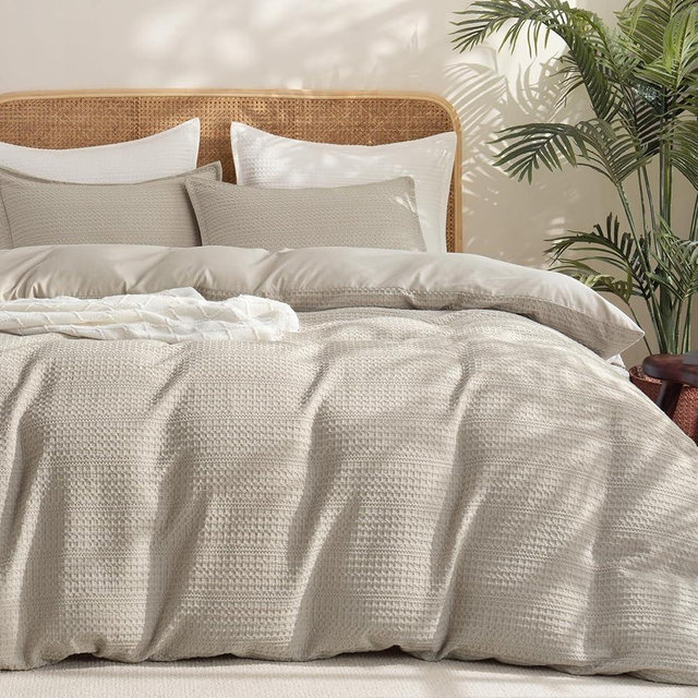 PHF Soft Waffle Duvet Cover King Size- Luxury Textured No Snagging Waffle Weave Comforter Duvet Cover(104"x90") with 2 Pillow Shams, 3 Pieces Breathable Bedding Set for All Season, Natural