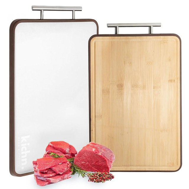 kichn. Double-Sided Stainless Steel & Bamboo Wood Cutting Board – 304 Stainless Steel, Reversible for Meat & Veggies, Durable, Stylish & Versatile Chopping Board, Kitchen Must-Have