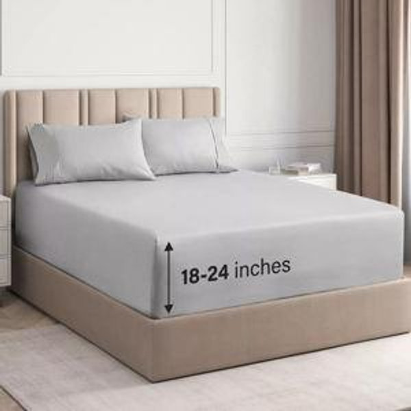 Extra Deep Pocket 4 Piece Sheet Set - Soft Bed Sheets, Fits 18"-24" Mattresses Light Grey- CGK Linens