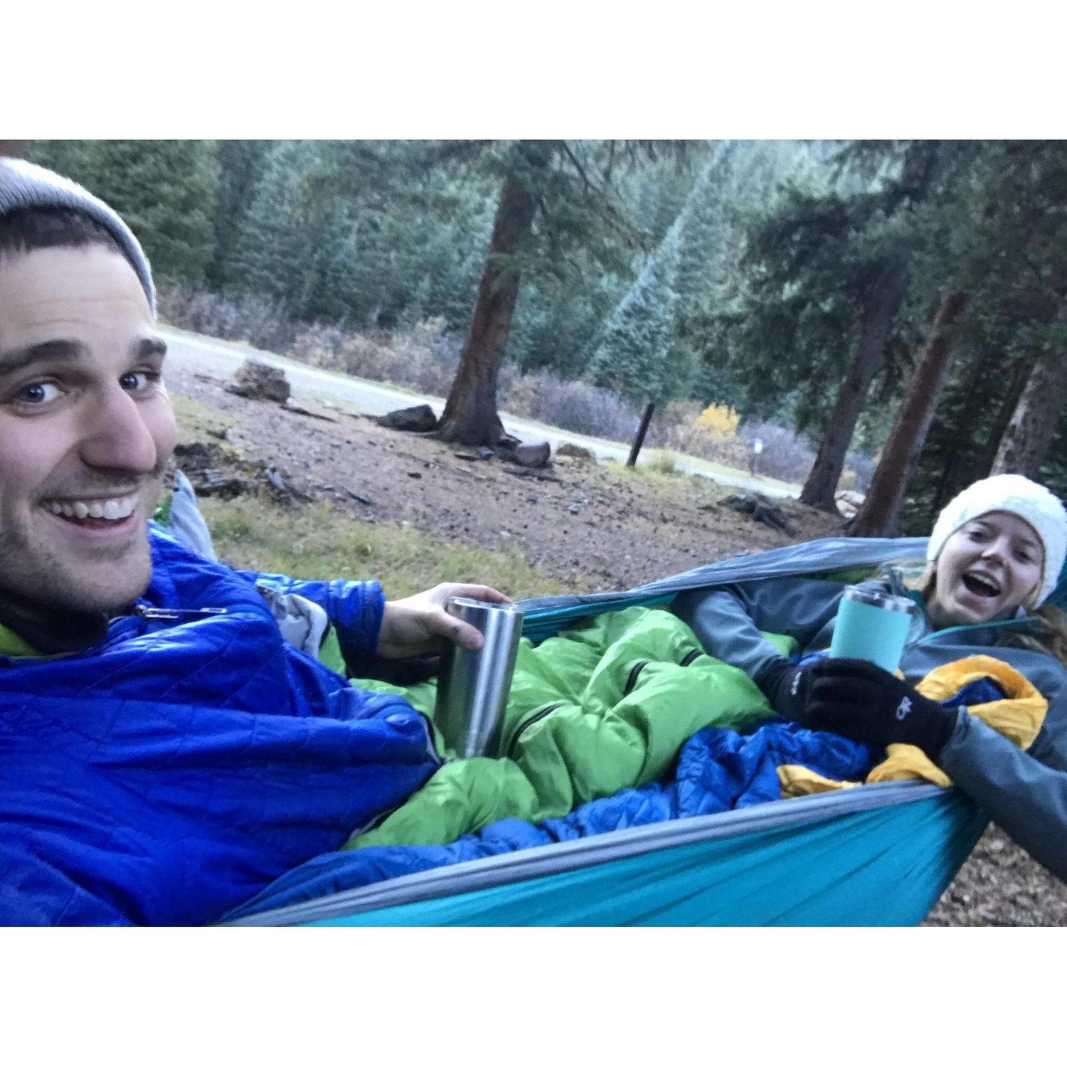 In our natural habitat - in the mountains, in a hammock, cozy with sleeping bags, drinking some sort of whiskey drink. Silverton, CO October 2017.