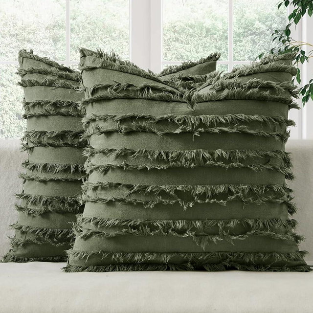 MIULEE Decorative Boho Throw Pillow Covers Set of 2 Dark Olive Green Linen Striped Jacquard Pattern Farmhouse Modern ​Cushion Covers for Sofa Couch Living Room Bedroom 20x20 Inch Home Decor
