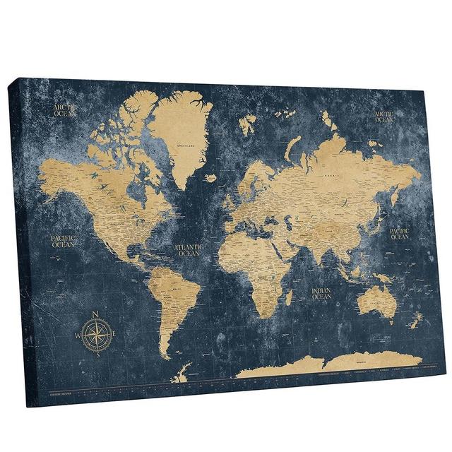 Holy Cow Canvas Gold & Navy Push Pin World Travel Map with Pins, World Map Pin Board, Push Pin Travel Map World on Canvas, Push Pin Map to Track Travels, Pin Map of World (Ready to Hang 40"x24"x1.5")