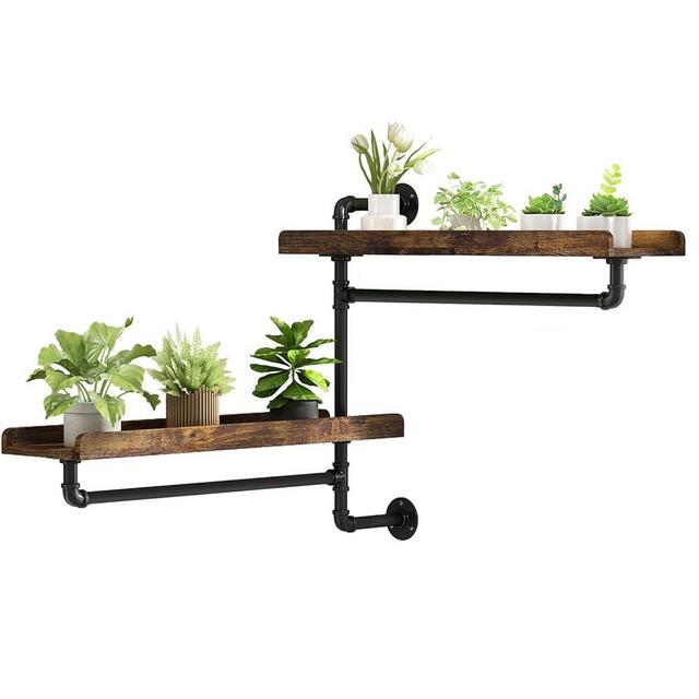 Rotating Floating Shelves for Wall w Powerful Storage,Farm-Style Window Plant Shelves w Industrial Pipe,Strong Load-Bearing,Plant Shelf Made of Waterproof Wood for Home Decor & Plant Pots,2 Layer