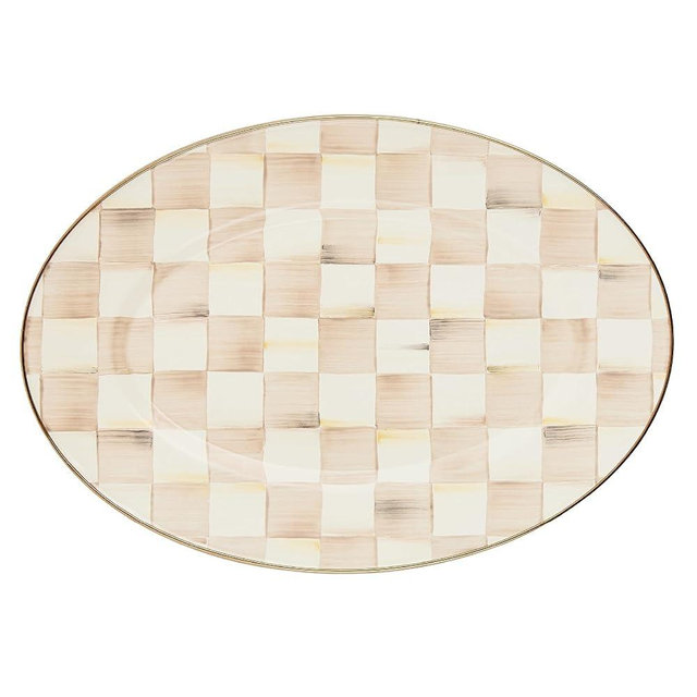 MACKENZIE-CHILDS Enamel Oval Platter, Serving Plate for Entertaining, Small, Brown-and-White Mocha Check