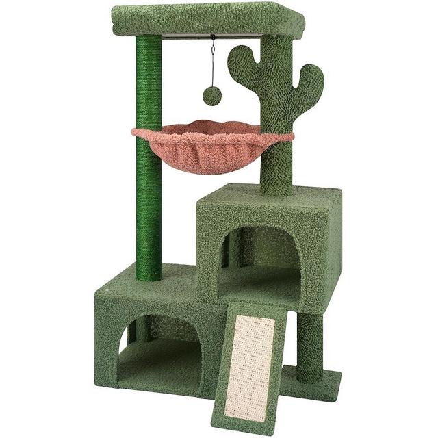 AIWIKIDE 37.4" Cactus Cat Tree Cat Tower with Twin Cat Condos for Indoor Cats, All-in-One Activity Center Cat House Furniture with Cat Scratching Post Cozy Sleeping Perch Hammock and Toy Balls,Green …