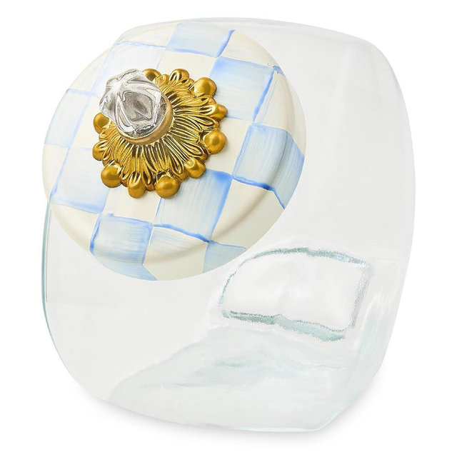 MACKENZIE-CHILDS Sweets Jar with Enamel Lid, Small Glass Cookie Jar or Kitchen Container, 0.5-Gallon Capacity, Light-Blue-and-White Sky Check