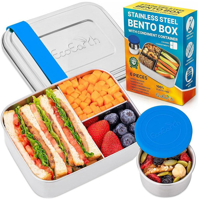 EcoEarth Stainless Steel Bento Box - 27 oz - Leakproof Metal Lunch Boxes for Adults with 3 Compartments - Small Tin Food Containers with Condiment Cups - Snack Box for Work - Blue