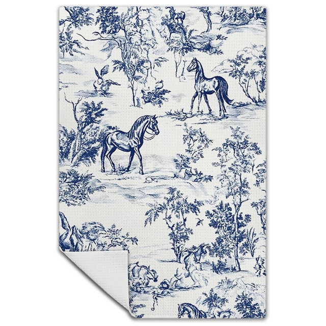 Exqcom Vintage Toile de Jouy Botanical Horse Kitchen Towels, Blue and White Hand Towels for Bathroom Kitchen, Elegant Classical French Decorative Dish Towels Drying Cloth, 16x24 Inch