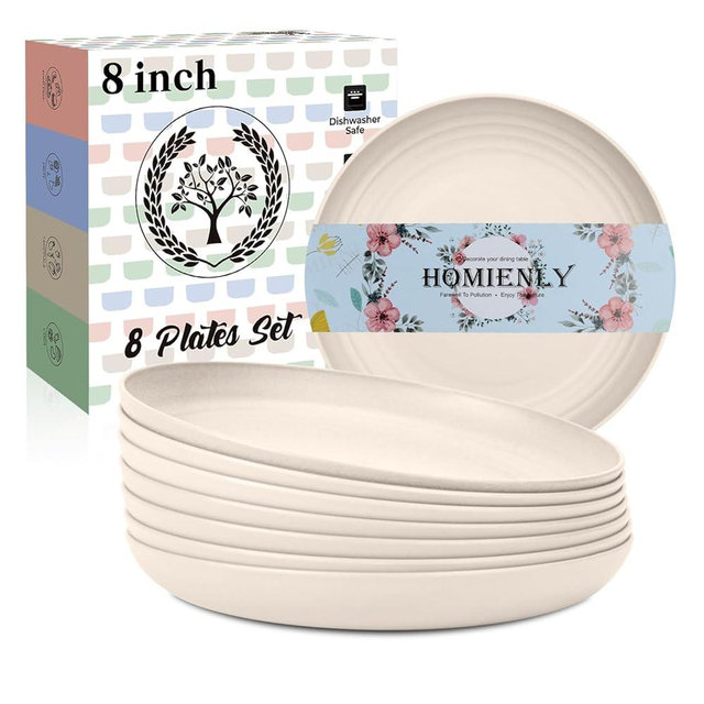 Homienly Dessert Plates - 8 Inch Wheat Straw Plates Set, Dinner Plates Set of 8, Appetizer Plates, Lightweight Unbreakable Plates, Microwave Safe Plates, Deep Plates for Dinner - Beige