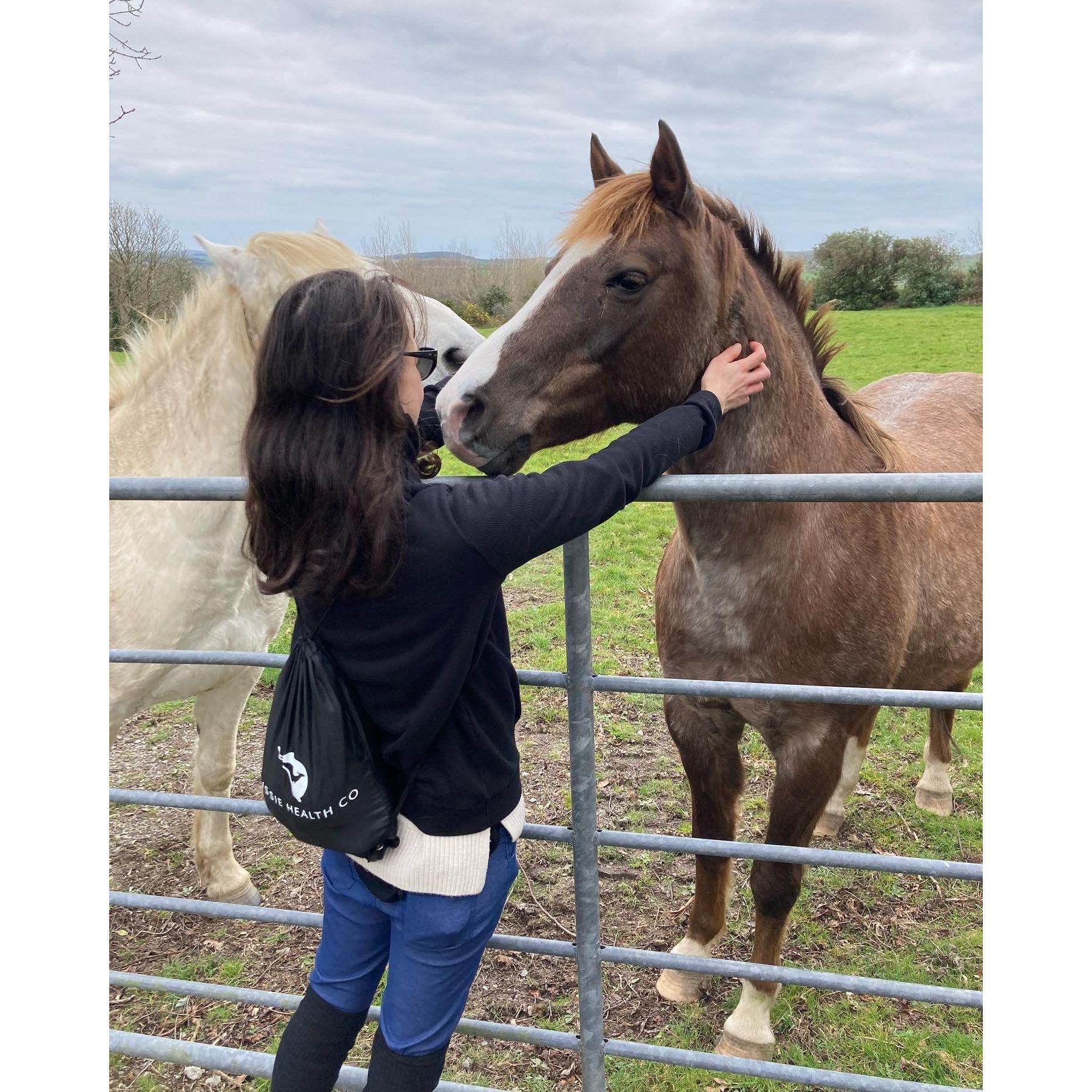 Allison making friends with the horses at Liss Ard
