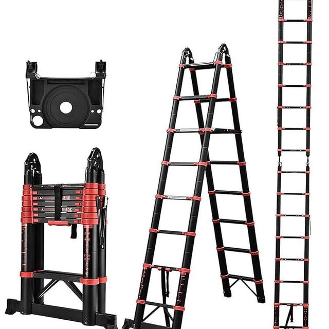 HBTower Telescoping Ladder, 16.5 FT A Frame Ladder, Compact Aluminum Extension Ladder Portable Collapsible ladder with Stabilizer Bar RV Ladder for Outdoor Camper Trips Motorhome, 330lb Capacity, Red