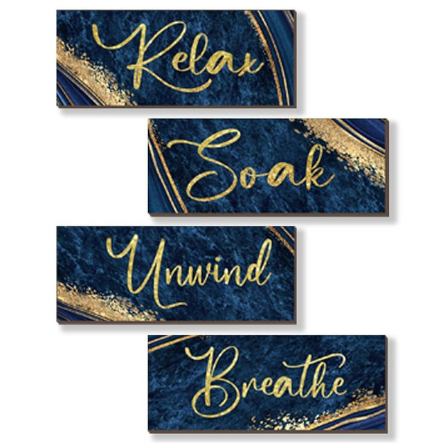 ONIZHITY 4 Pcs Blue and Gold Bathroom Decor Navy Blue Gold Wall Decor Relax Soak Unwind Breathe Wooden Rustic Marble Style Versatile Bathroom Accessories for Bedroom Living Room Decor(10X4)