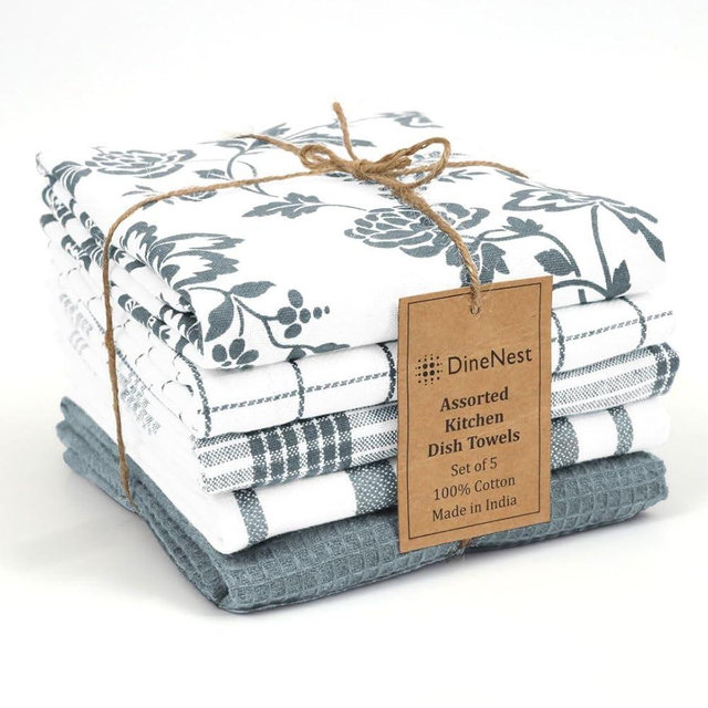 DineNest Assorted Kitchen Towels 100% Cotton 16x26 Inch - Super Absorbent, Soft & Quick Drying, Multi-Purpose for Drying & Cleaning, Ideal for Kitchen & Home Use, Set of 5 Low-Lint Dish Towels Grey