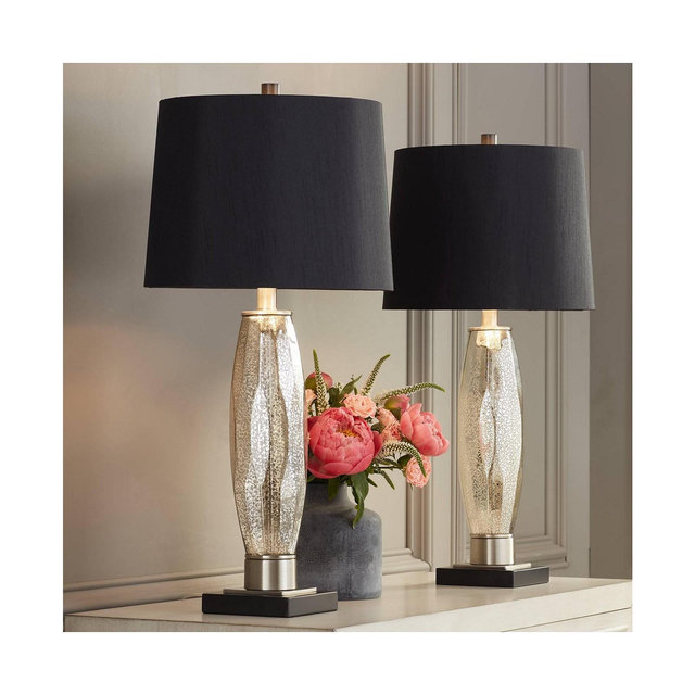 Regency Hill Landro Modern Mid Century Table Lamps 27 1/2" Tall Set of 2 Mercury Glass Black Drum Shade for Bedroom Living Room Bedside Office Family