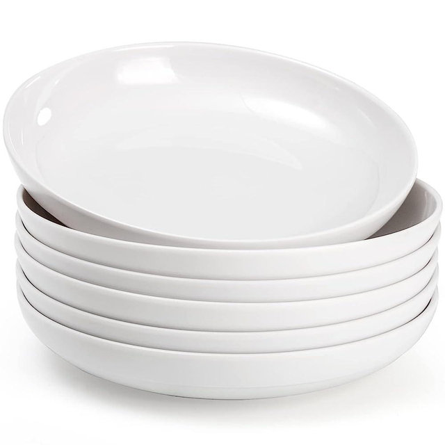 Fasmov Melamine Pasta Bowls, 6 Pack 9 inches 30 Oz Large Salad Serving Bowls, Shallow Salad Bowls, Plastic Dinner Deep Plates, Dishwasher Safe, White