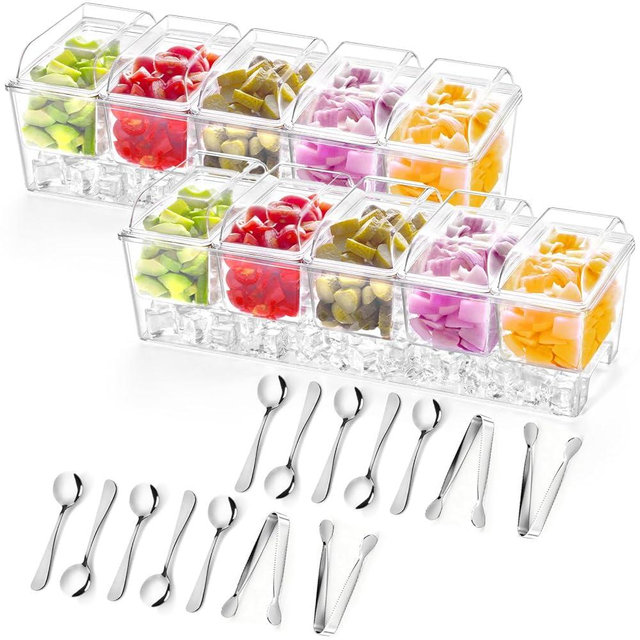 Lifewit 2 Pack Ice Chilled Condiment Caddy with 5x20oz Containers, Condiment Server for Party with Lids & Metal Accessories, Serving Tray Platter with Removable Dishes for Bar, Fruit, Salad, Taco