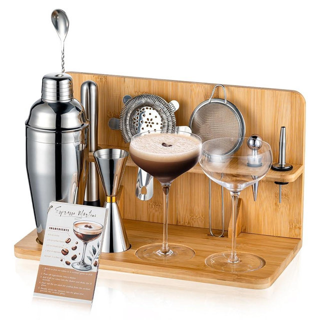 USEERIL Espresso Martini Kit Gifts Set with 2 Glasses,Mixology Bartender Kit,Cocktail Shaker Set with Bamboo Stand for Drink Mixer,Bar Set for House Warming Gifts,Home bar,Party Favors