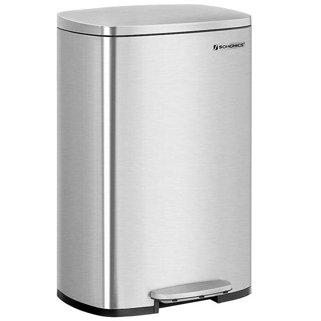 SONGMICS Kitchen Trash Garbage Can, Pedal Stainless Steel Rubbish Bin 13.2 Gal (50L) with Plastic Inner Bucket, Hinged Lid, Soft Closure, 16.7 x 12.6 x 25.6 Inches, Silver